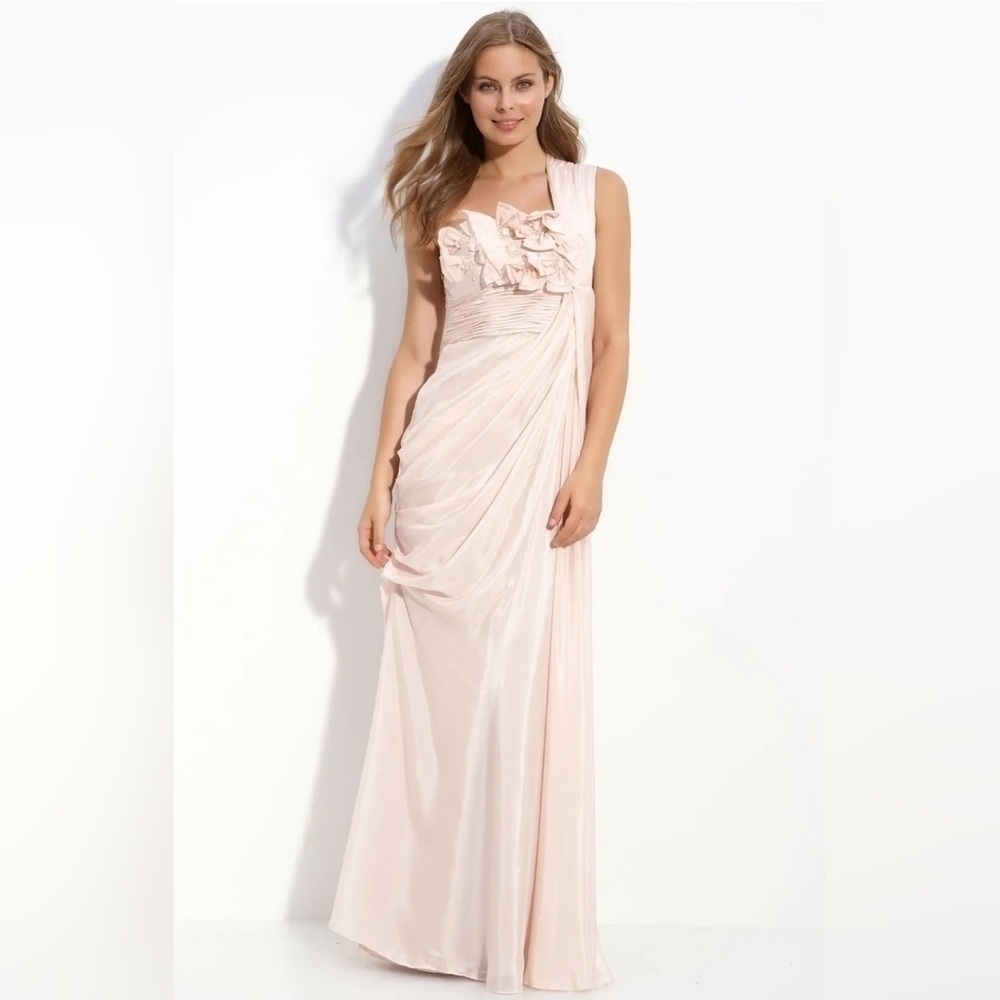 Adrianna Papell Floral Embellished Draped One Shoulder Gown Sz 8 Blush